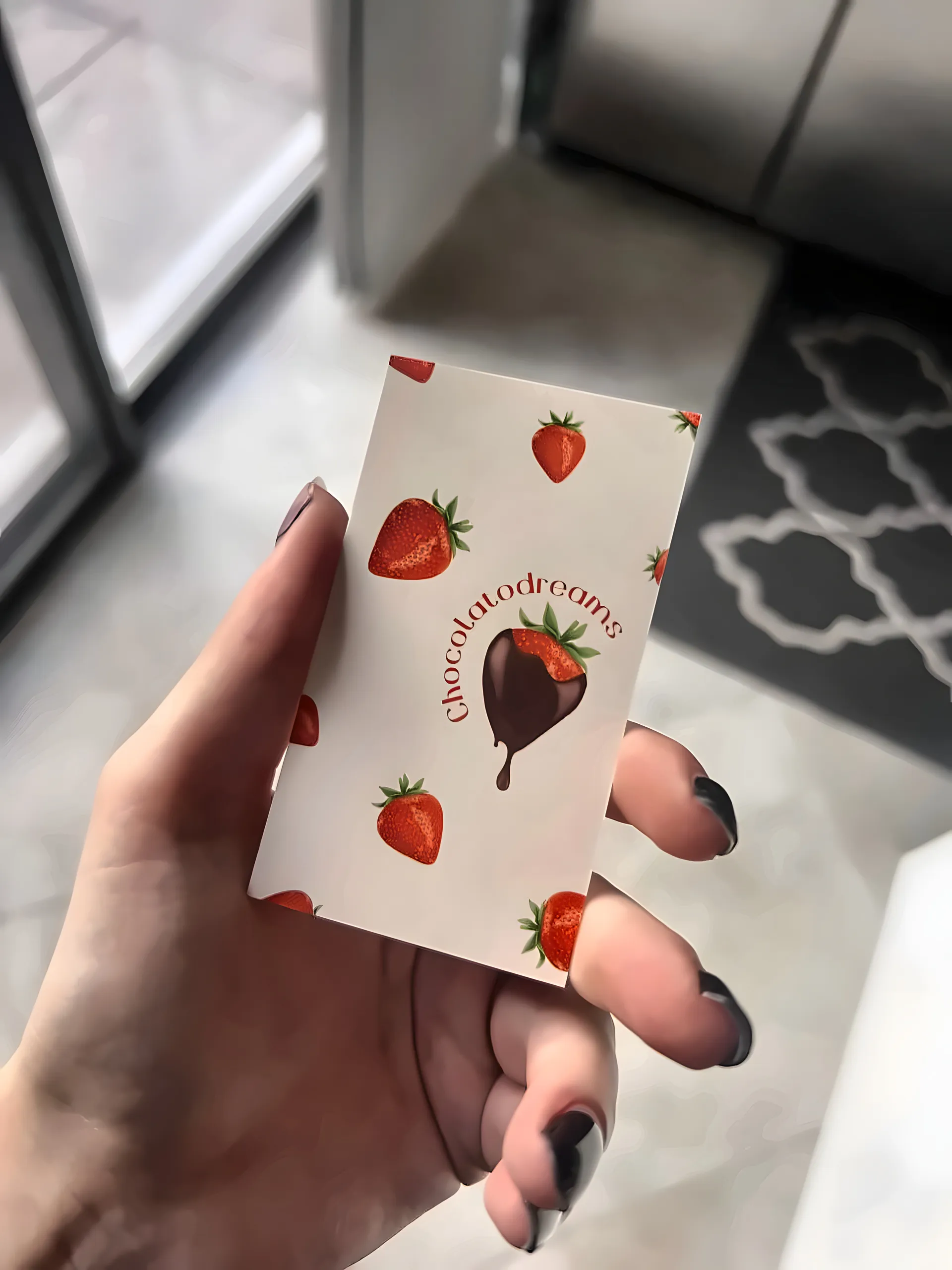 Hand holding the back of the card with a strawberry pattern
