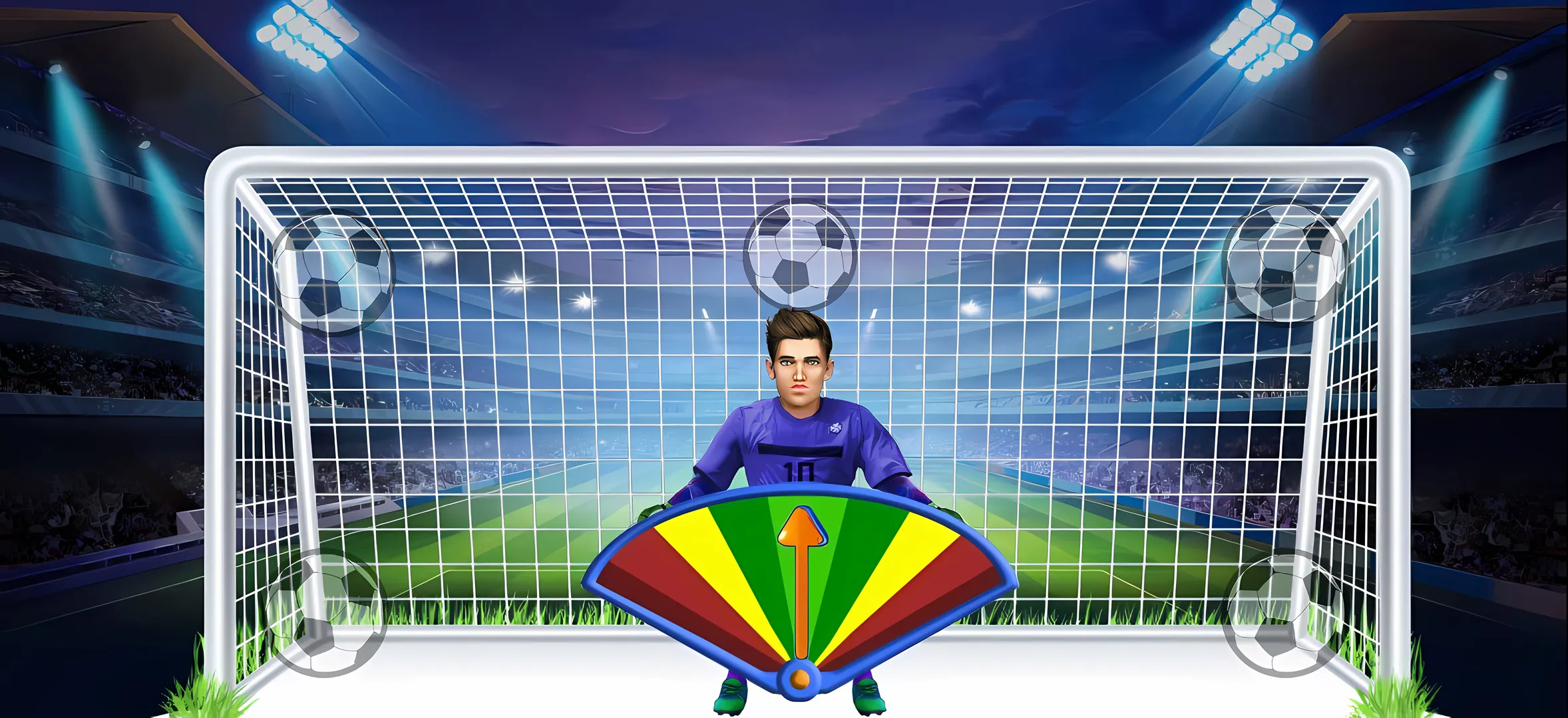 Goalkeeper in front of the net with an aiming fan
