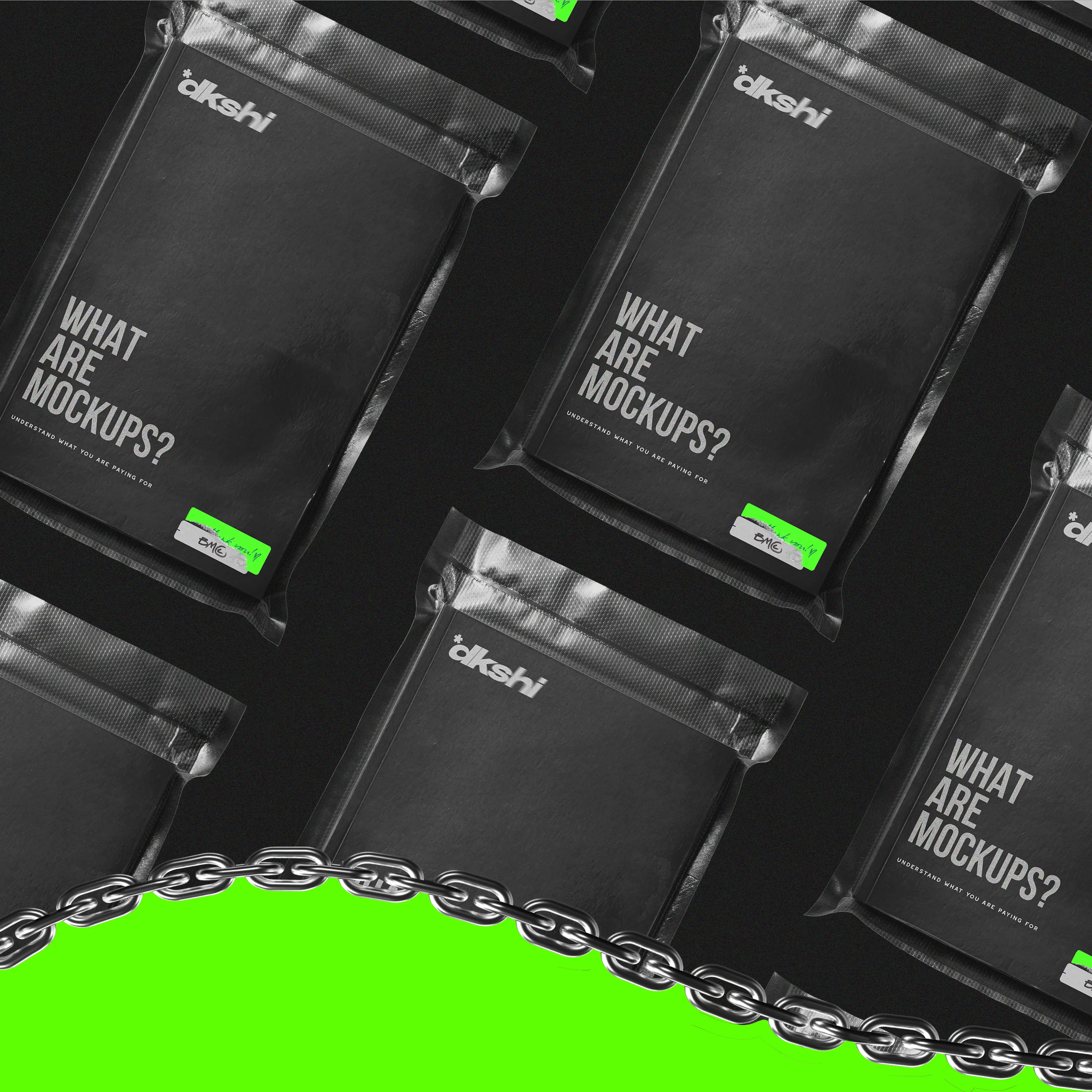Black *dkshi pouches on a dark surface with an acid green shape and a chain
