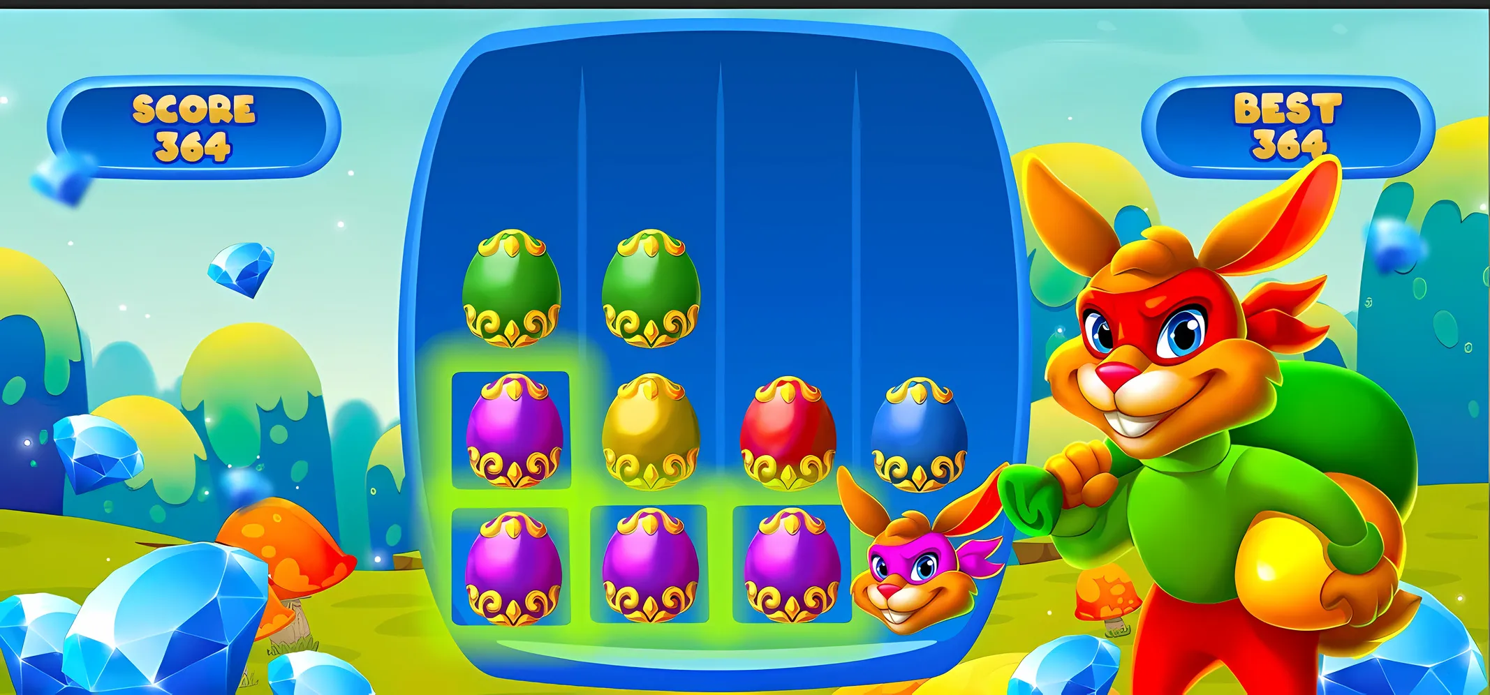 Gameplay screen with painted eggs on a blue board