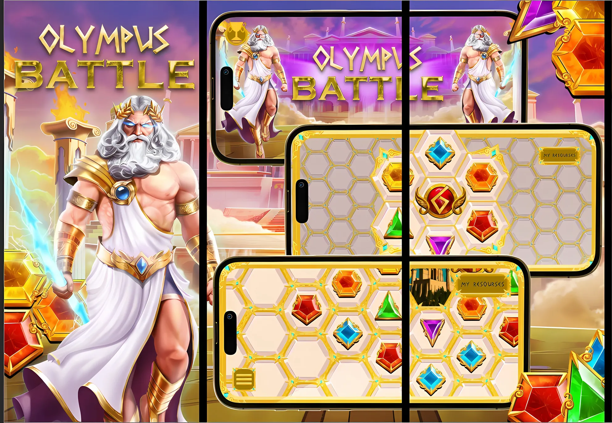 Store screenshot set for Olympus Battle with Zeus and hex boards