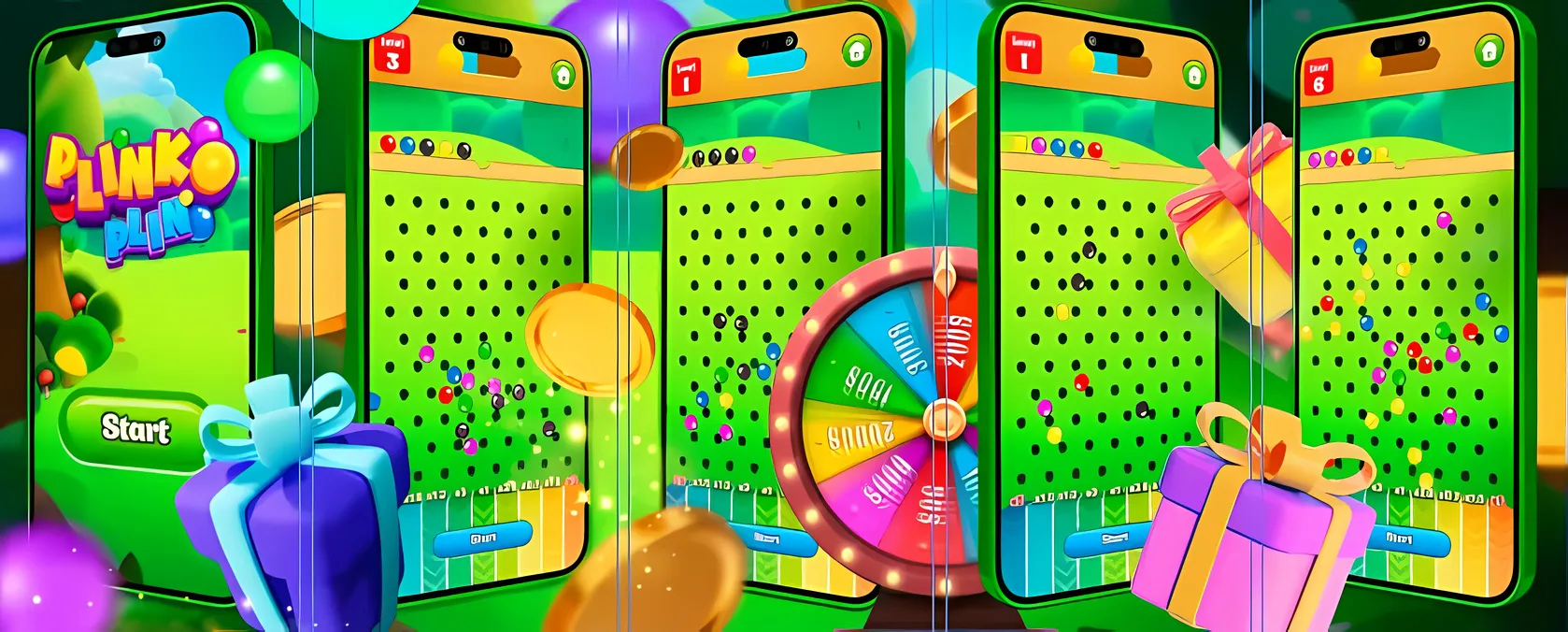 Store screenshot set for Plinko with gift boxes and a prize wheel