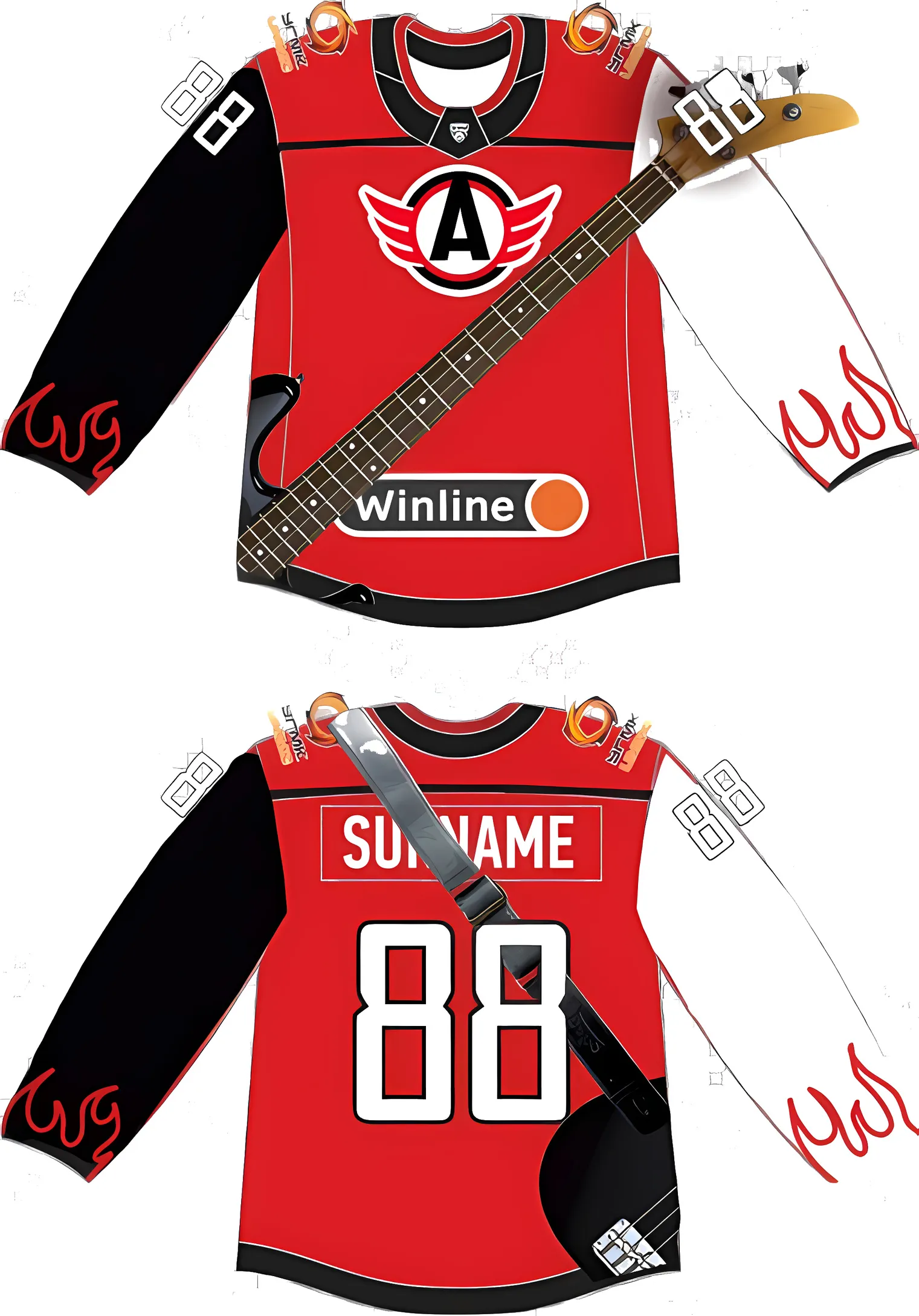 Front and back of the themed jersey with a bass guitar graphic