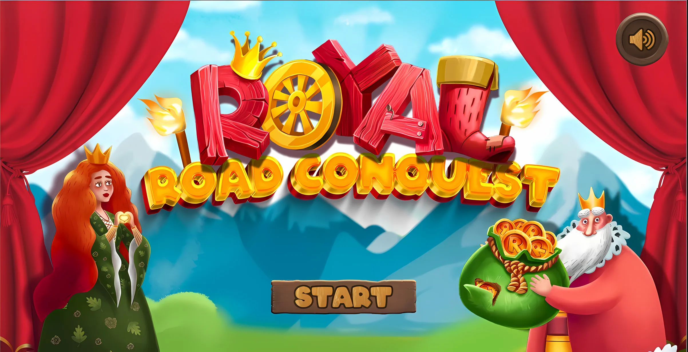 Title screen of Royal Road Conquest with a queen and a king