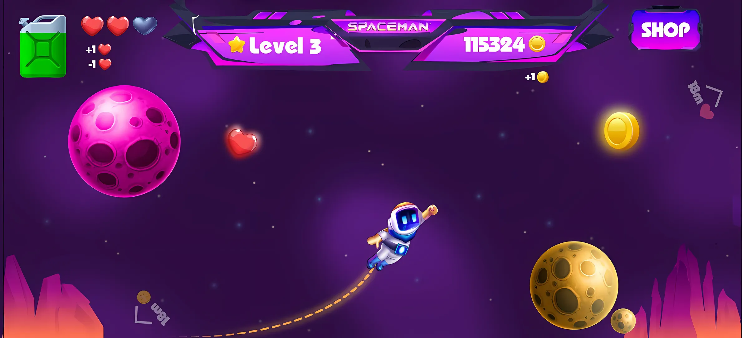 Gameplay screen: the astronaut flies between planets collecting coins