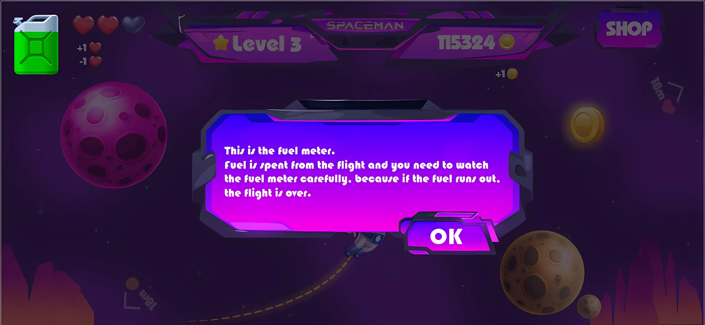 Tutorial pop-up explaining the fuel meter
