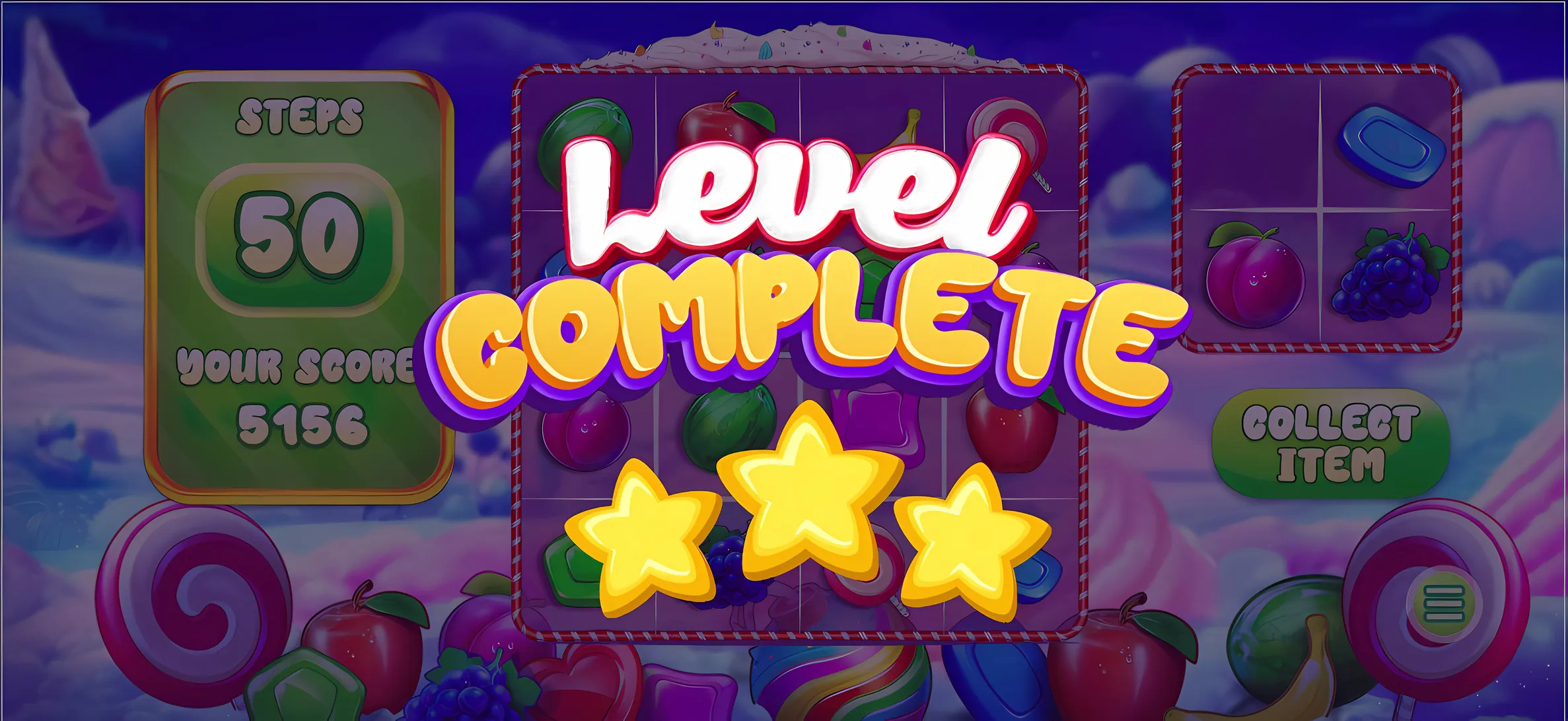 Level complete screen with three stars