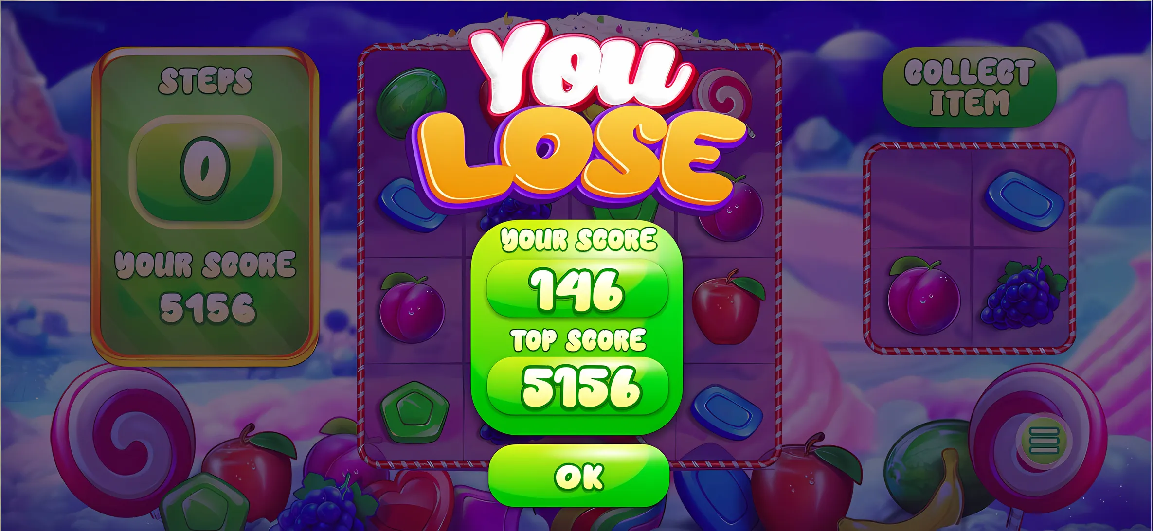 You lose screen with the score