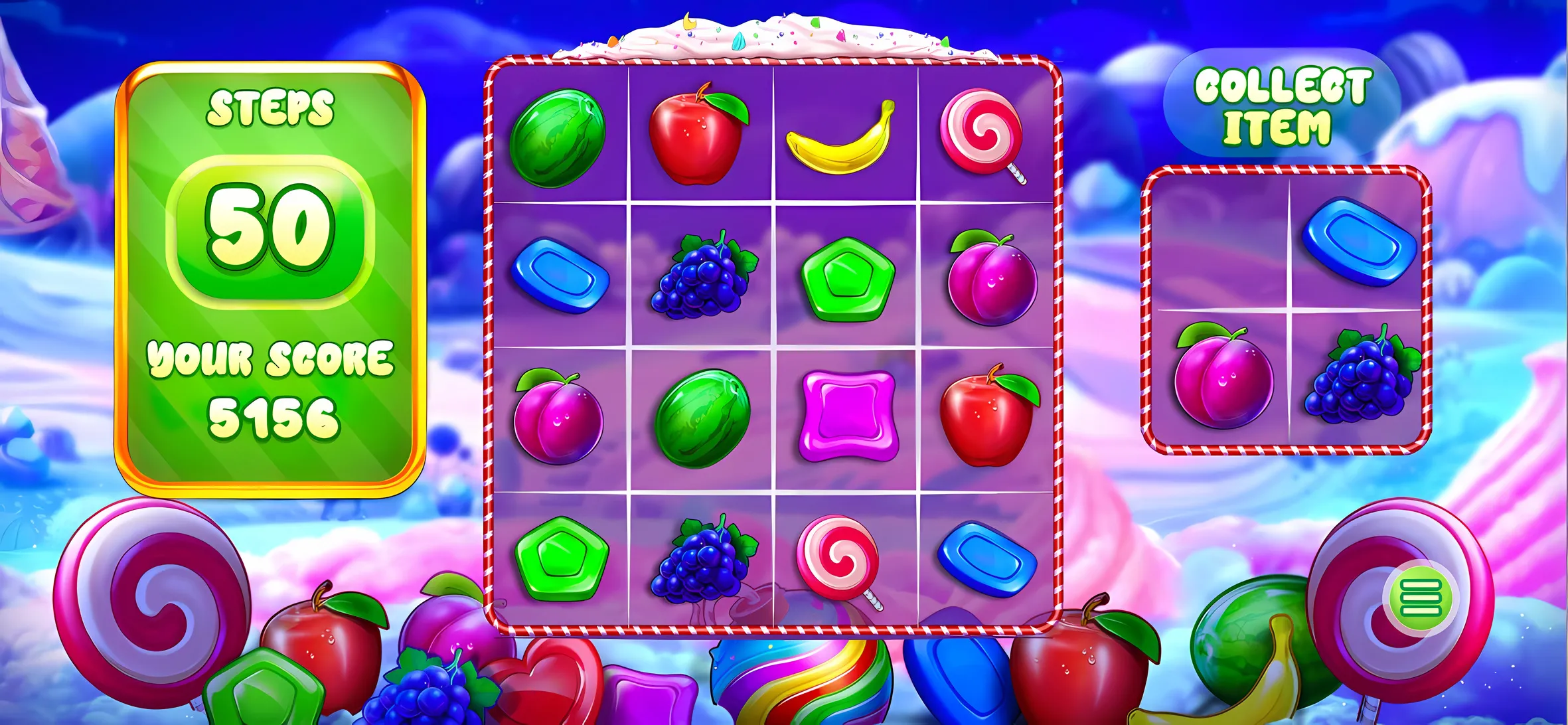 Gameplay board with fruit and candy pieces